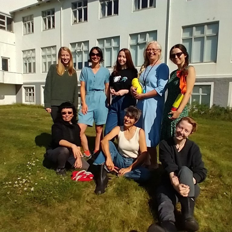 Artists in residency, August 2021. Raina Nief, Alice Tsibulsky, Laura Elliot, Ruth Marshall, Molly Bertheaud (standing left to right) - Zoe Romano, Titi Zaadnoordijk, Sophia Lengle (sitting), artist in residence in August 2021. Picture: Haflíði Ásgeirsson.