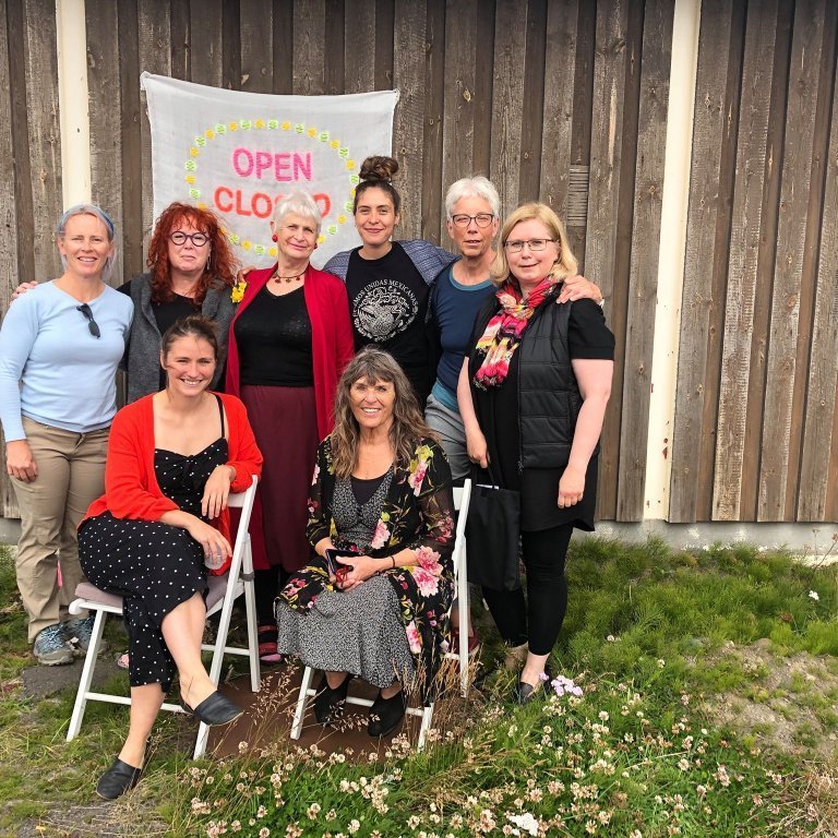 July 2019 artists in residence. Diane Richards, Lisbeth Degn, Ffranses Ingraam, Selene Gaytan Correa, Mai-Britt Bille, Edina Szeles, Anne-Marie Grouxl, Richarda Christian. (Pálina Zuniga was travelling). Picture: Textile Center.