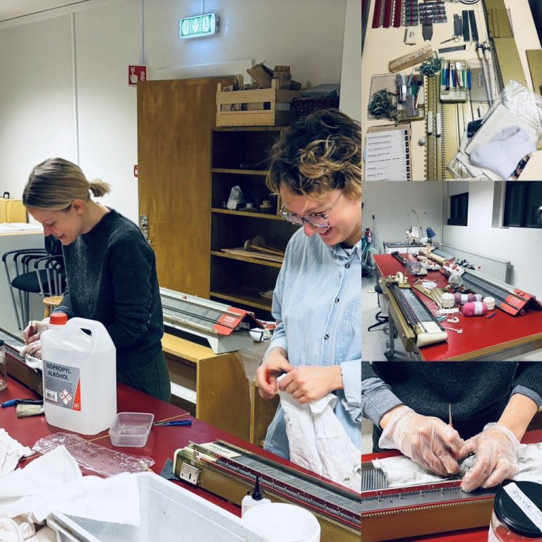 Sarah Grobe and Wendy Wood restoring historic knitting machines in January 2026.