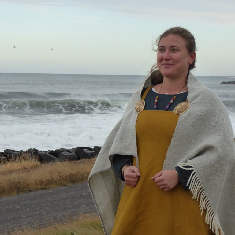 Susanne Mueller, artist in resident in October 2018, wearing traditional Viking clothing. Photo taken near the old harbour in Blönduós in October 2018. Picture: Marled Mader.