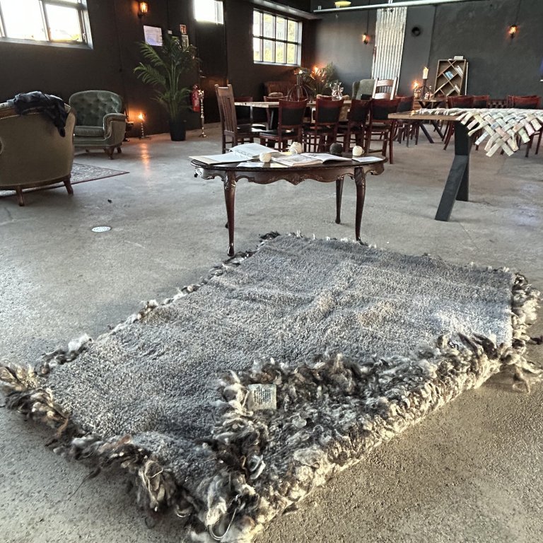 Exhibition in Krúttið, Blönduós in September 2024. Projects and products developed in the TextileLab, including this rug by Valgerður Jónsdóttir.