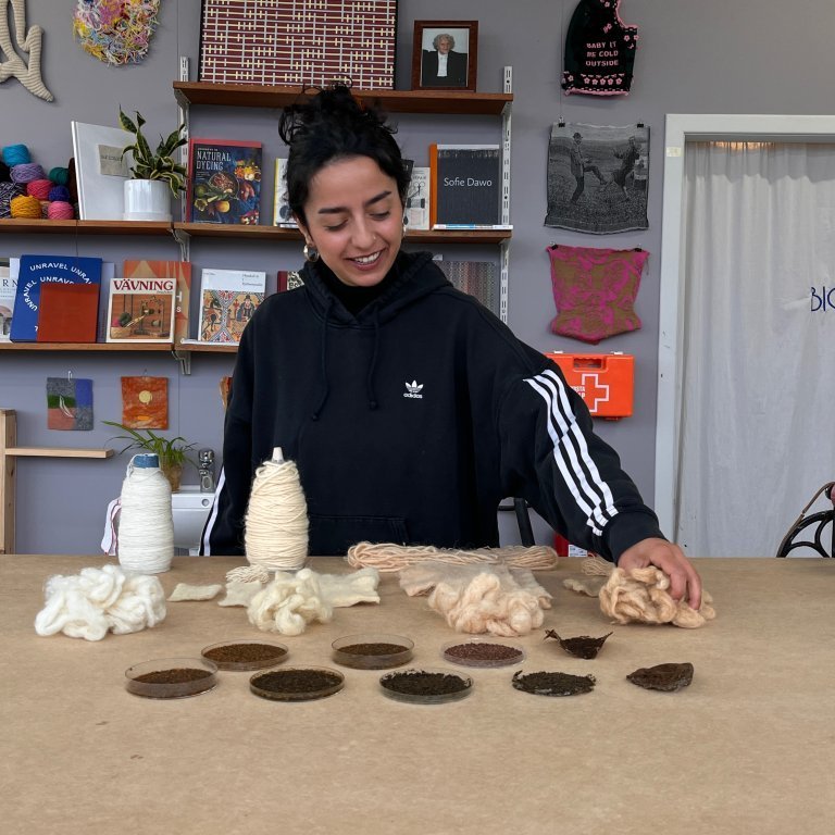 Tracks4Crafts artist in residence Bilge Turhan experimented with seaweed and wool in the lab in May 2026.