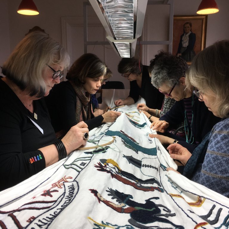 Nordic Textile Art members attending an embroidery workshop at the Textile Center in April 2019. Picture: Cornelia Theimer Gardella.
