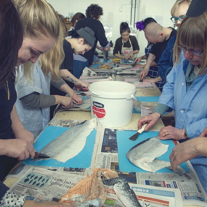 Fish skin craft workshop held at the Textile Center in early 2018, a collaboration of Central Saint Martins in London and the Icelandic University of the Arts. Picture: Nathalie Malric.