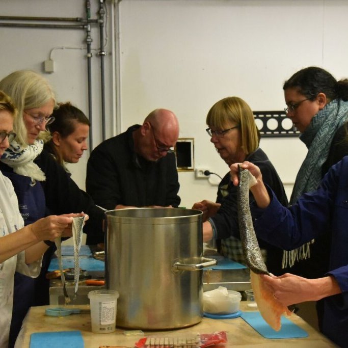 FISHskin Horizon 2020, international fish skin craft workshop and conference held at the Textile Center in September 2019. Workshop with Lotta Rahme in the Textile Center dye studio. Picture: Fishskinlab.